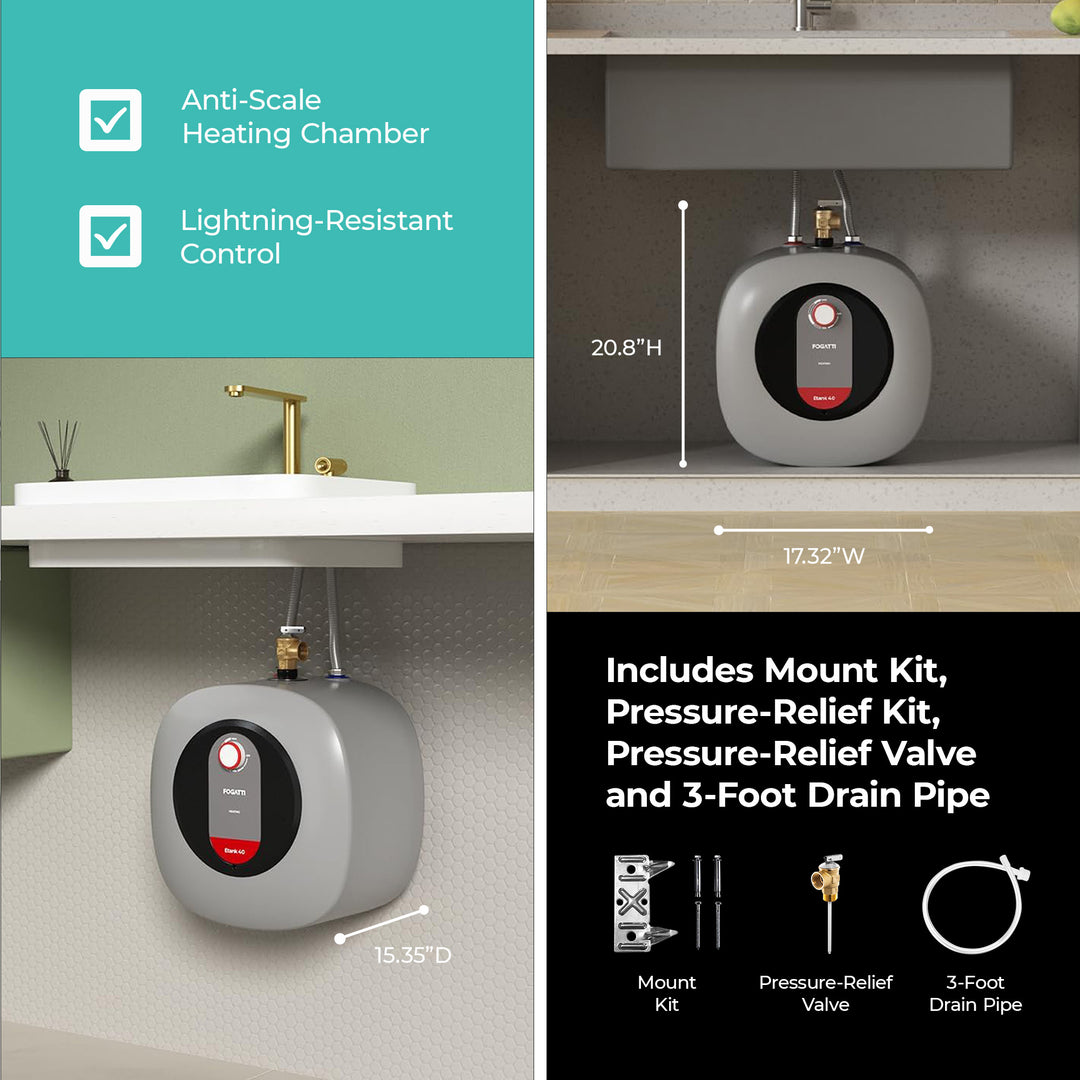 Fogatti 8 Gallon 1440W Electric Mini Tank Water Heater, Wall/Floor Mount, Gray