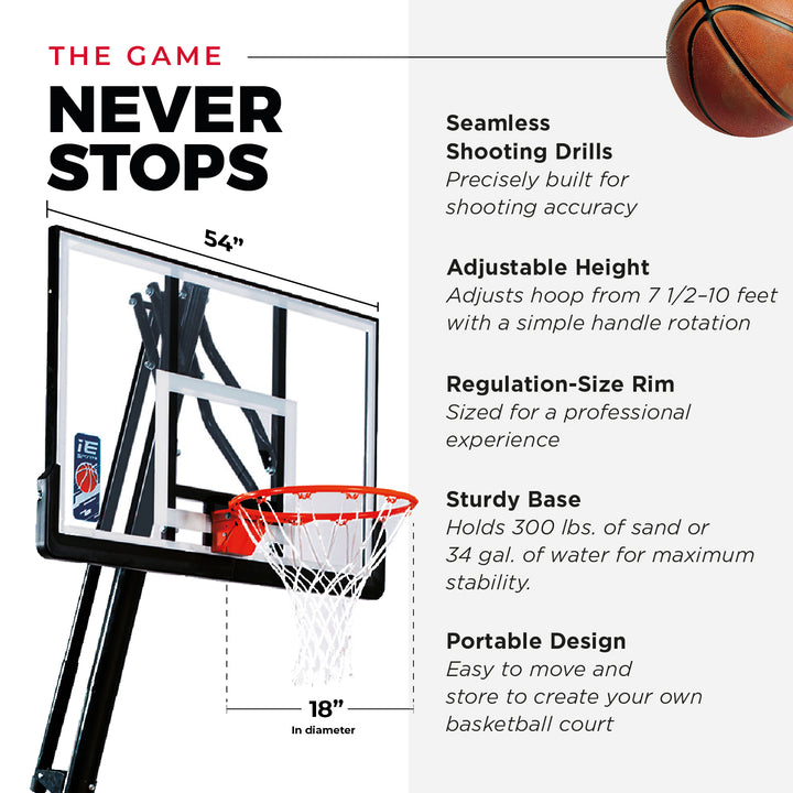 IE Sports Portable Basketball Hoop, Adjustable Height, 54" Backboard & Rebounder