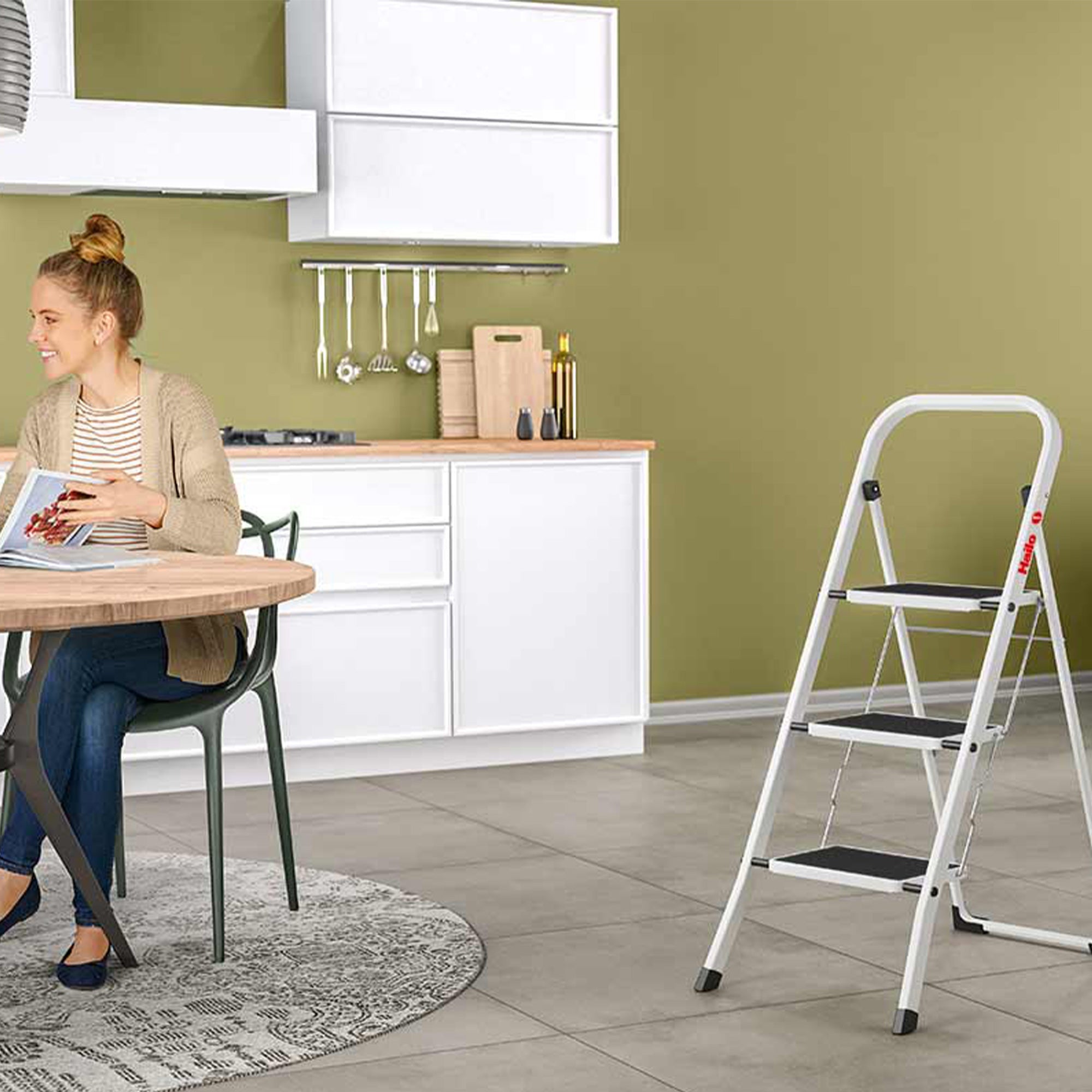 Hailo Folding Step Stool, Non-Slip 2 Step Ladder for Home & Kitchen, K20, White - VMInnovations