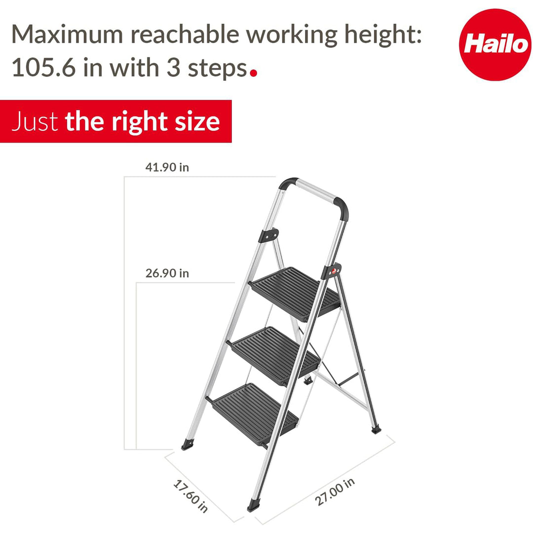 Hailo Folding Step Stool, Non-Slip 3 Step Ladder for Home, K71, Silver(Open Box)