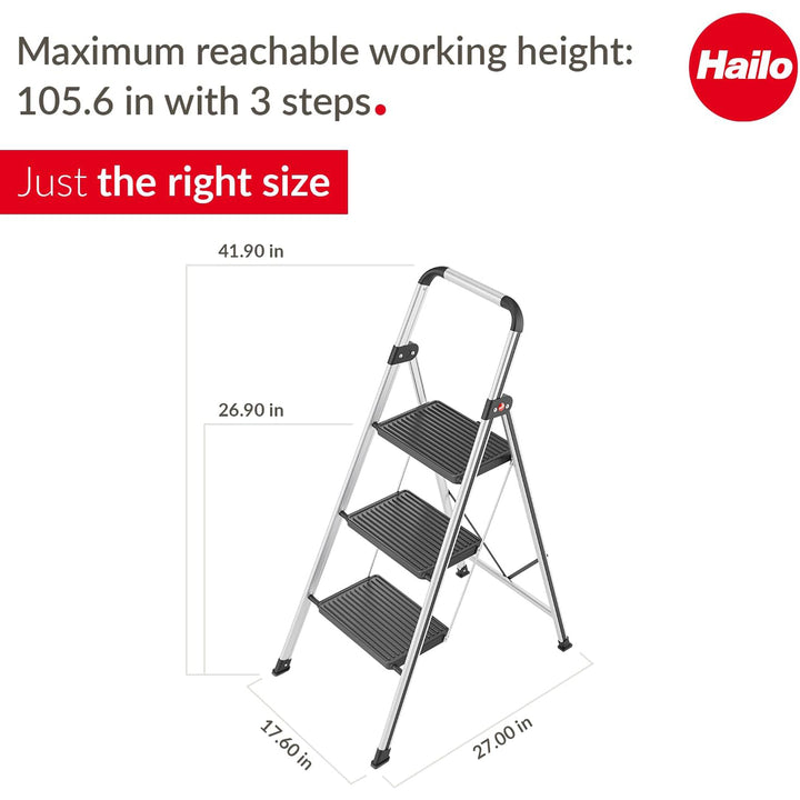 Hailo Folding Step Stool, Non-Slip 3 Step Ladder for Home, K71, Silver(Open Box)