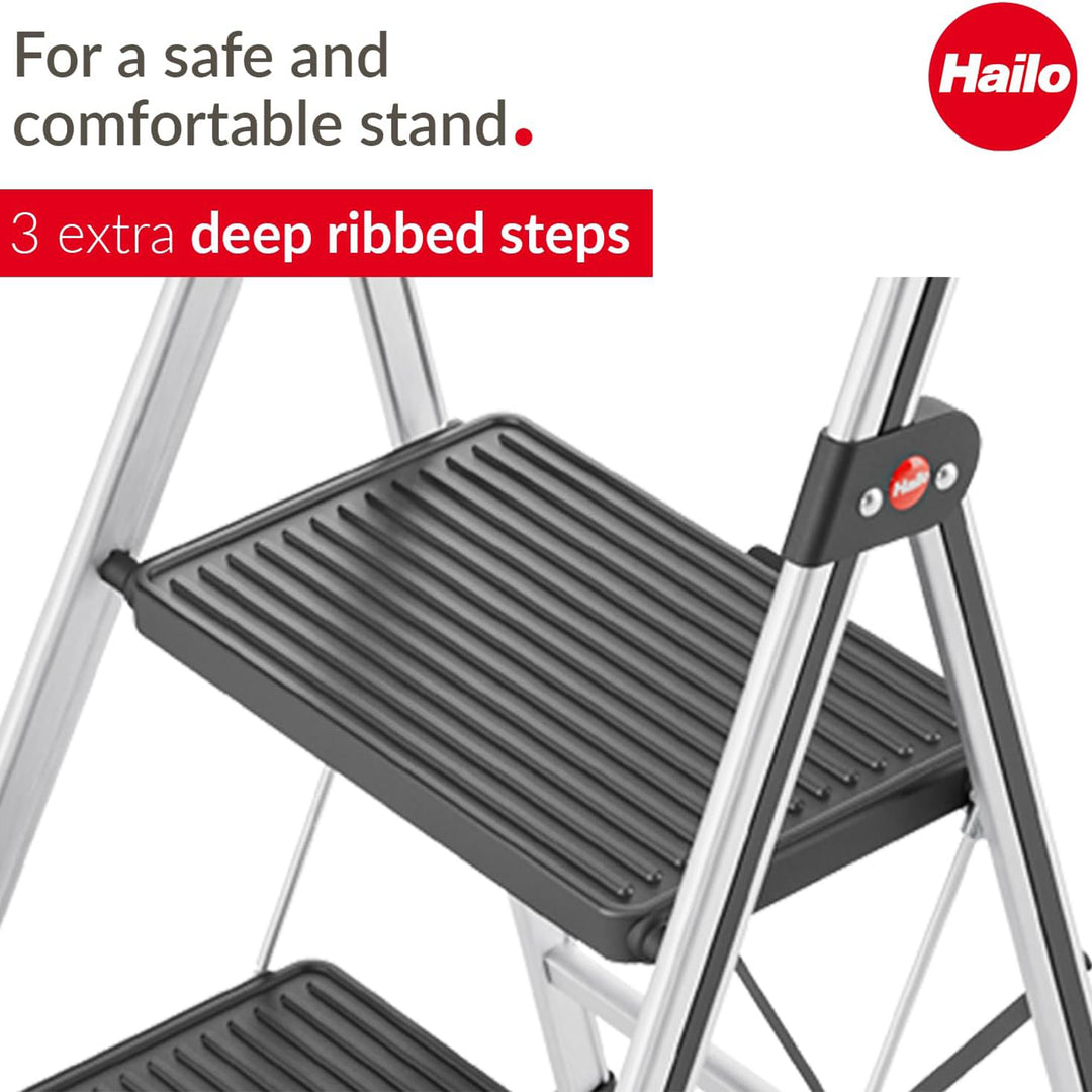 Hailo Folding Step Stool, Non-Slip 3 Step Ladder for Home & Kitchen, K71, Silver