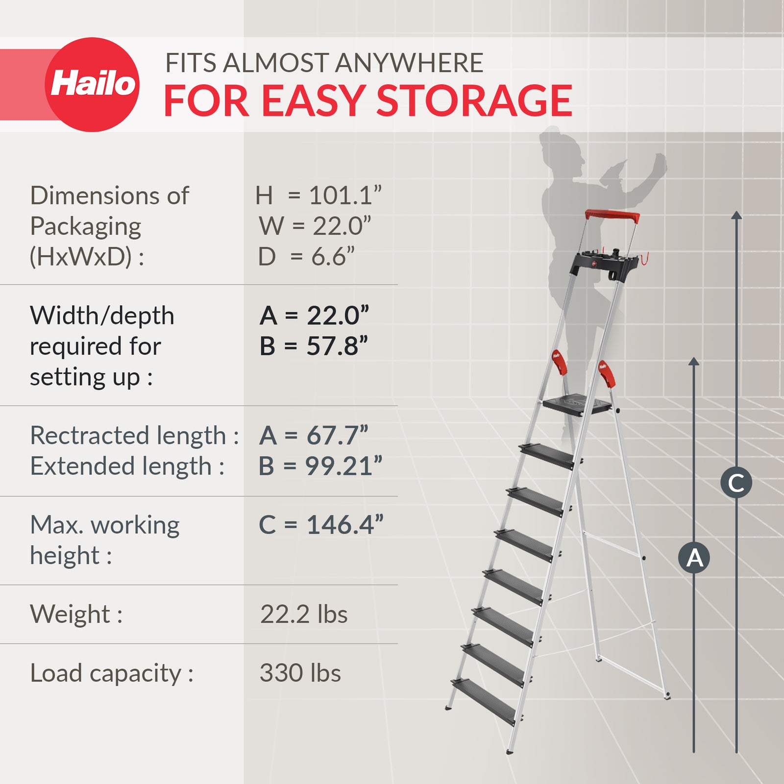 Hailo Folding 8 Step Non-Slip Ladder for Home & Kitchen, L100, Silver/Black - VMInnovations