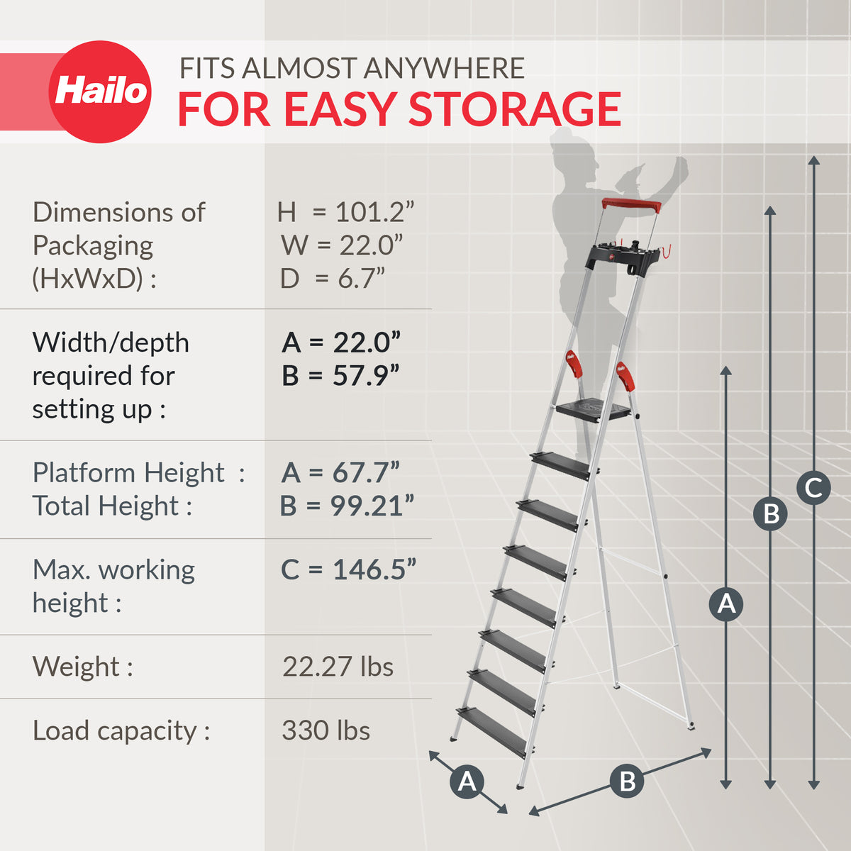 Hailo Folding 8 Step Non-Slip Ladder for Home & Kitchen, L100 (Open Box)
