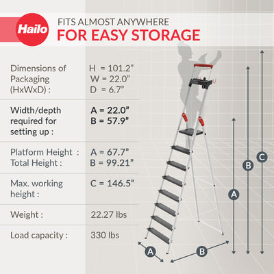 Hailo Folding 8 Step Non-Slip Ladder for Home & Kitchen, L100 (Open Box)