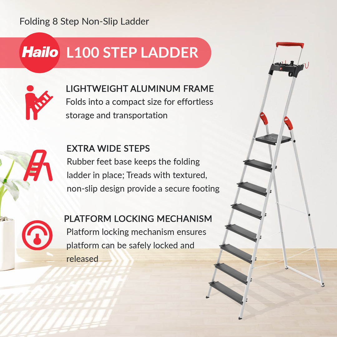 Hailo Folding 8 Step Non-Slip Ladder for Home & Kitchen, L100, Silver/Black