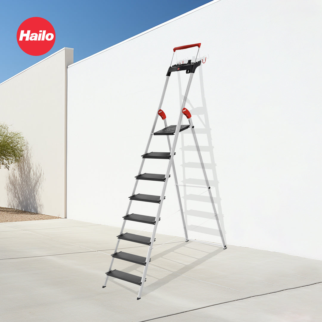 Hailo Folding 8 Step Non-Slip Ladder for Home & Kitchen, L100, Silver/Black