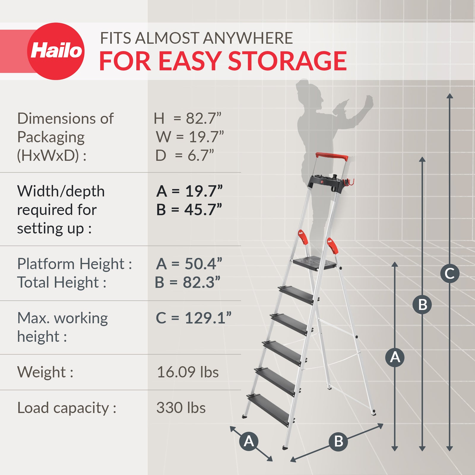 Hailo Folding 6 Step Non-Slip Ladder for Home & Kitchen, L100, Silver/Black - VMInnovations