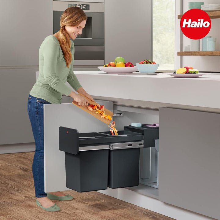 Hailo Kitchen Trash Can Dual 14 Liter Waste Separation, EcoLine Design L, Black