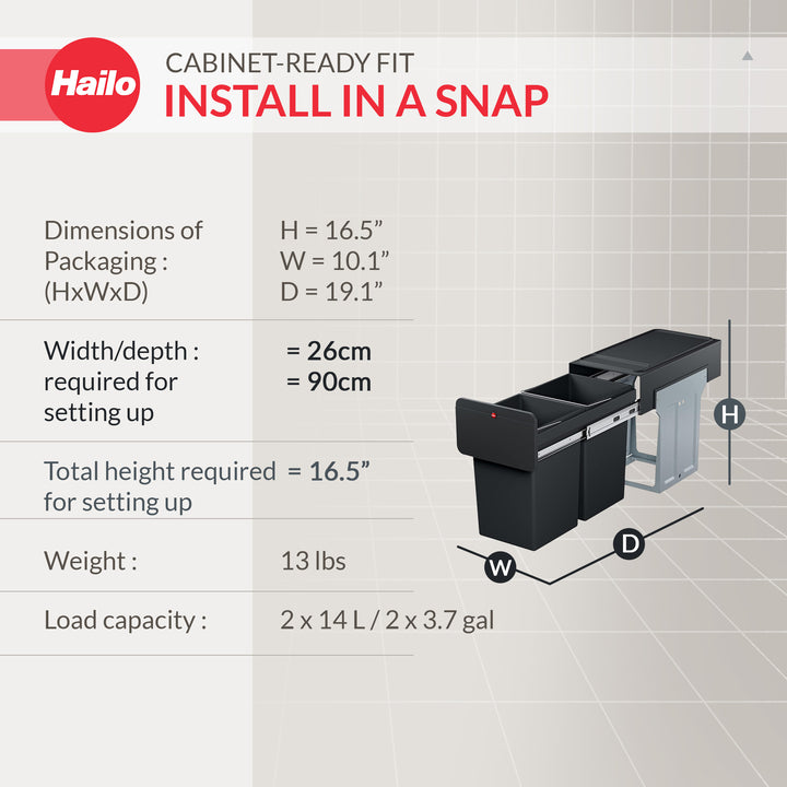 Hailo Kitchen Trash Can Dual 14L Waste Separation, EcoLine Design L (Open Box) - VMInnovations