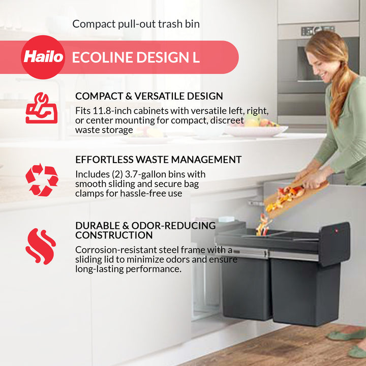 Hailo Kitchen Trash Can Dual 14 Liter Waste Separation, EcoLine Design L, Black
