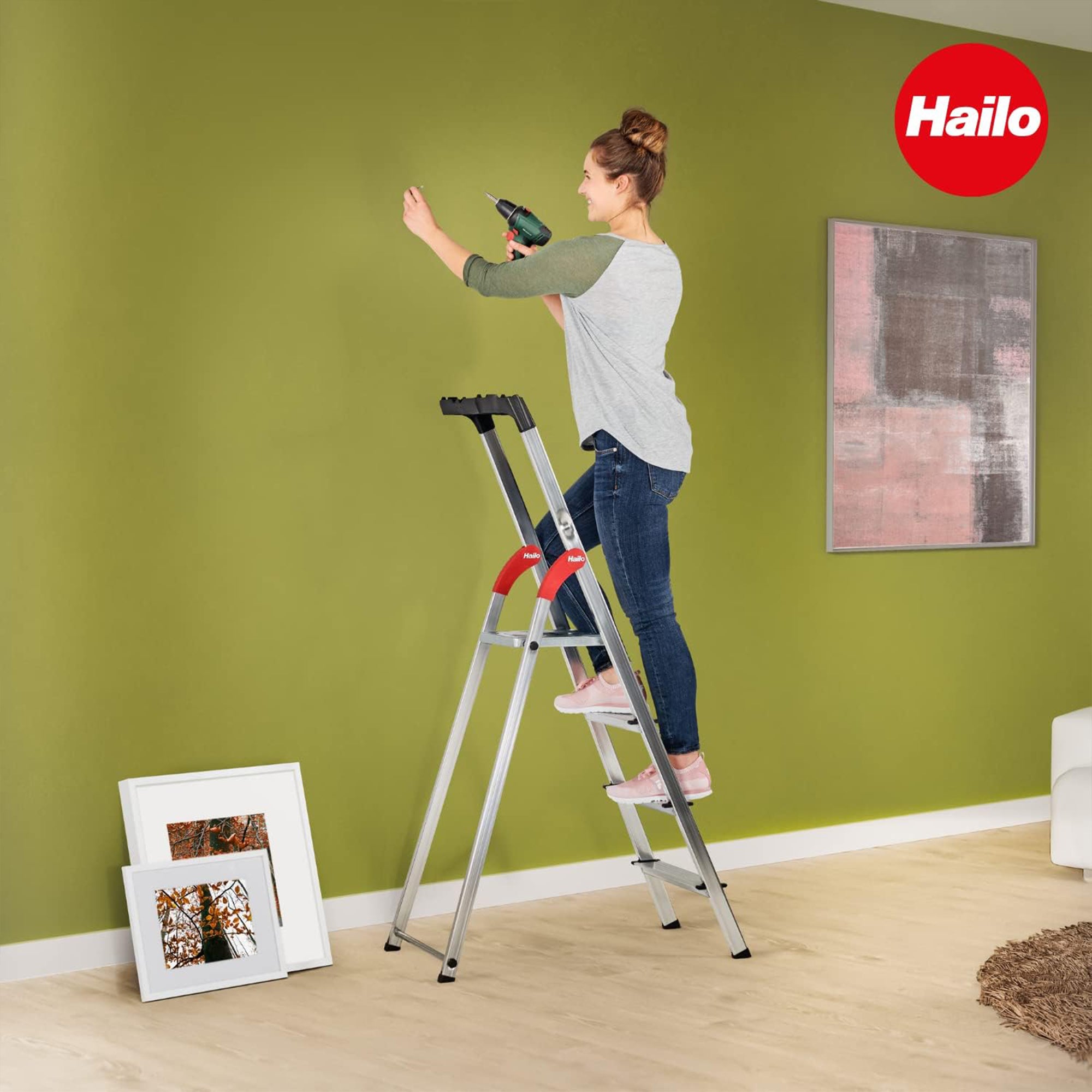 Hailo Folding Step Ladder, Non-Slip, 8 Steps for Home & Kitchen, L60, Silver/Red - VMInnovations