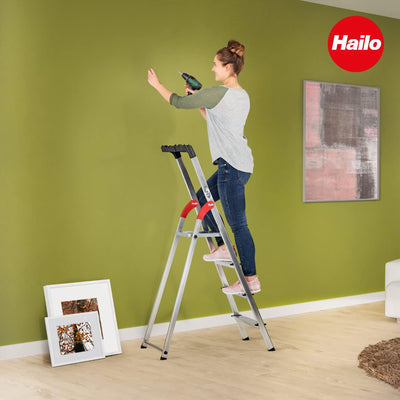 Hailo Folding Step Ladder, Non-Slip, 8 Steps for Home & Kitchen, L60, Silver/Red - VMInnovations