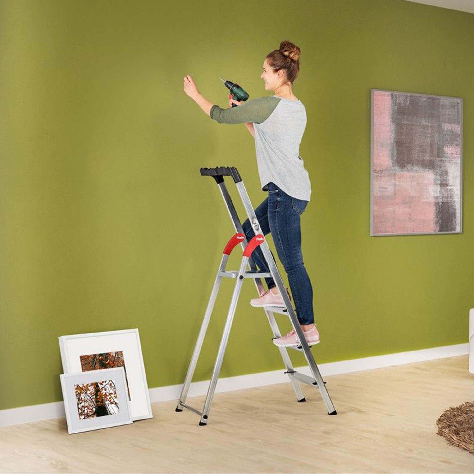 Hailo Folding Step Ladder, Non-Slip, 8 Steps for Home & Kitchen, L60, Silver/Red - VMInnovations