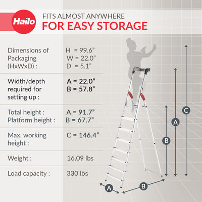 Hailo Folding Step Ladder, Non-Slip, 8 Steps for Home & Kitchen, L60, Silver/Red - VMInnovations