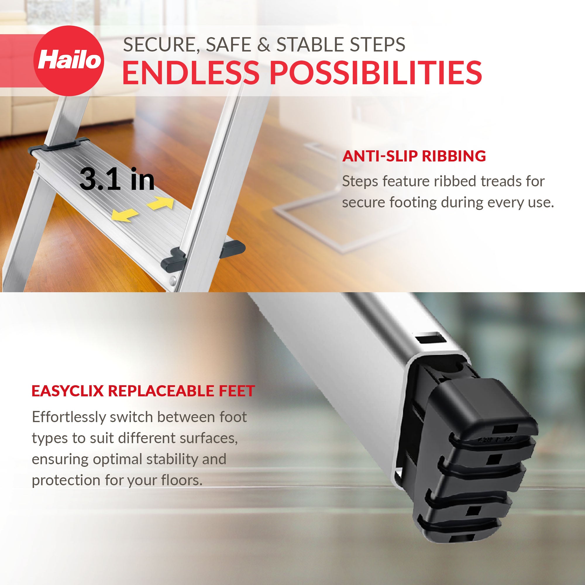 Hailo Folding Step Ladder, Non-Slip, 8 Steps for Home & Kitchen, L60, Silver/Red - VMInnovations