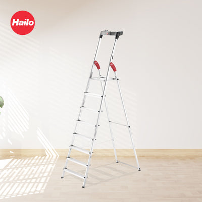 Hailo Folding Step Ladder, Non-Slip, 8 Steps for Home & Kitchen, L60, Silver/Red - VMInnovations