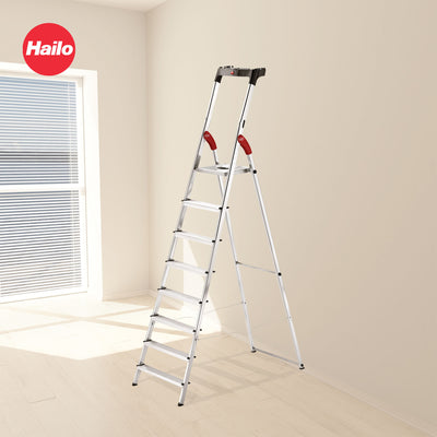 Hailo Folding Step Ladder, Non-Slip, 8 Steps for Home & Kitchen, L60, Silver/Red - VMInnovations