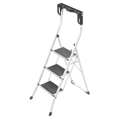 Hailo Folding Step Stool, Non-Slip 3 Step Steel Ladder, White (Open Box) - VMInnovations