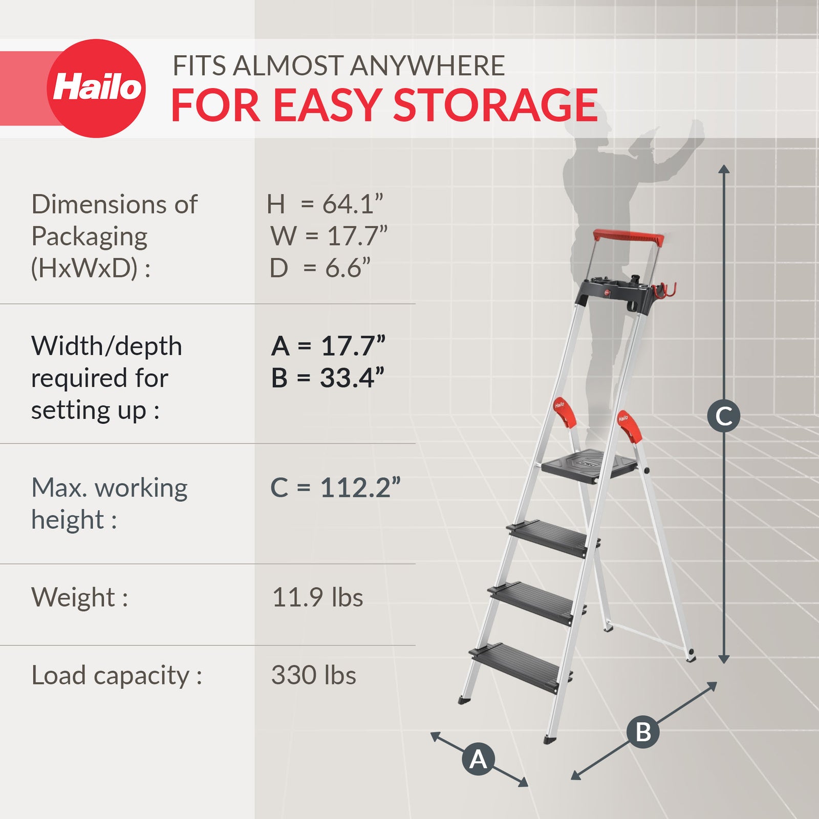 Hailo Folding 4 Step Non-Slip Ladder for Home & Kitchen, L100, Silver/Black - VMInnovations