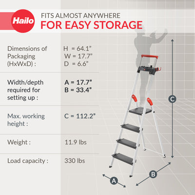 Hailo Folding 4 Step Non-Slip Ladder for Home & Kitchen, L100, Silver/Black - VMInnovations