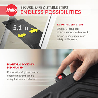 Hailo Folding 4 Step Non-Slip Ladder for Home & Kitchen, L100, Silver/Black (Open Box)