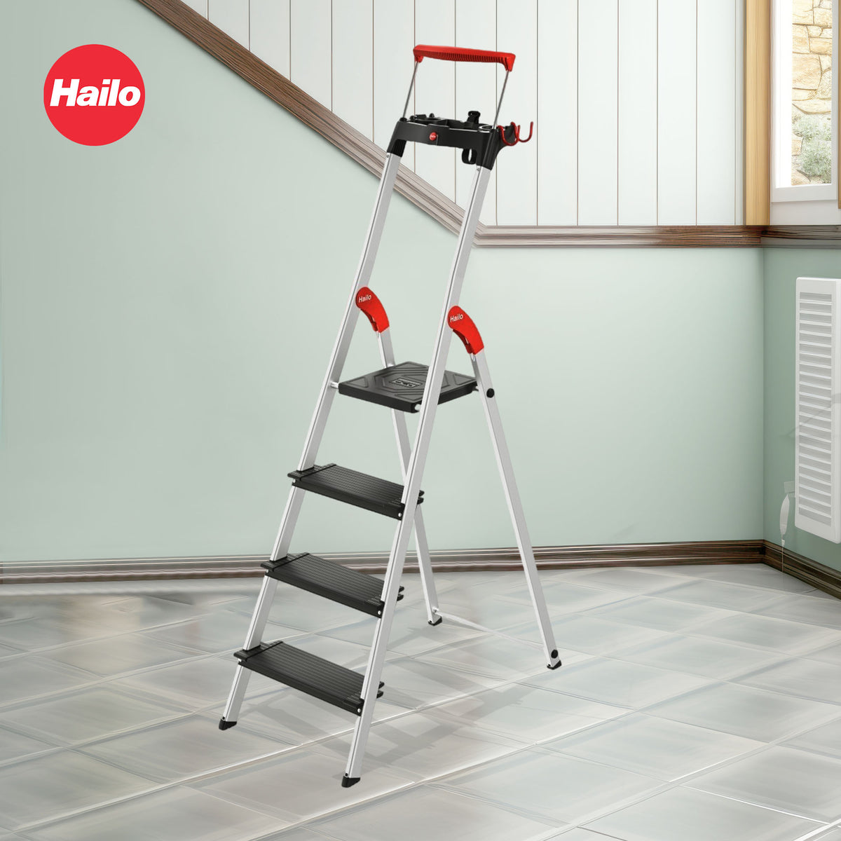Hailo Folding 4 Step Non-Slip Ladder for Home & Kitchen, L100, Silver/Black (Open Box)