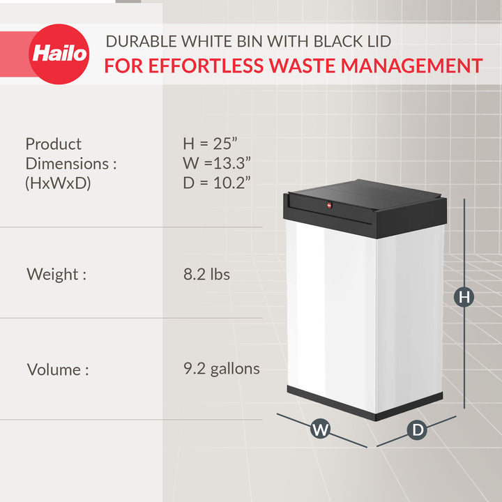 Hailo Big-Box Swing Trash Bin, 9.2 Gallon, Non-Slip Base, White with Black Lid