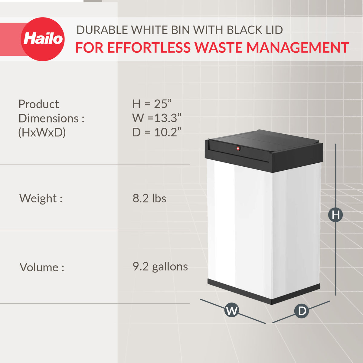 Hailo Swing Trash Bin, 9.2 Gal, Non-Slip Base, White w/Black Lid (Open Box) - VMInnovations