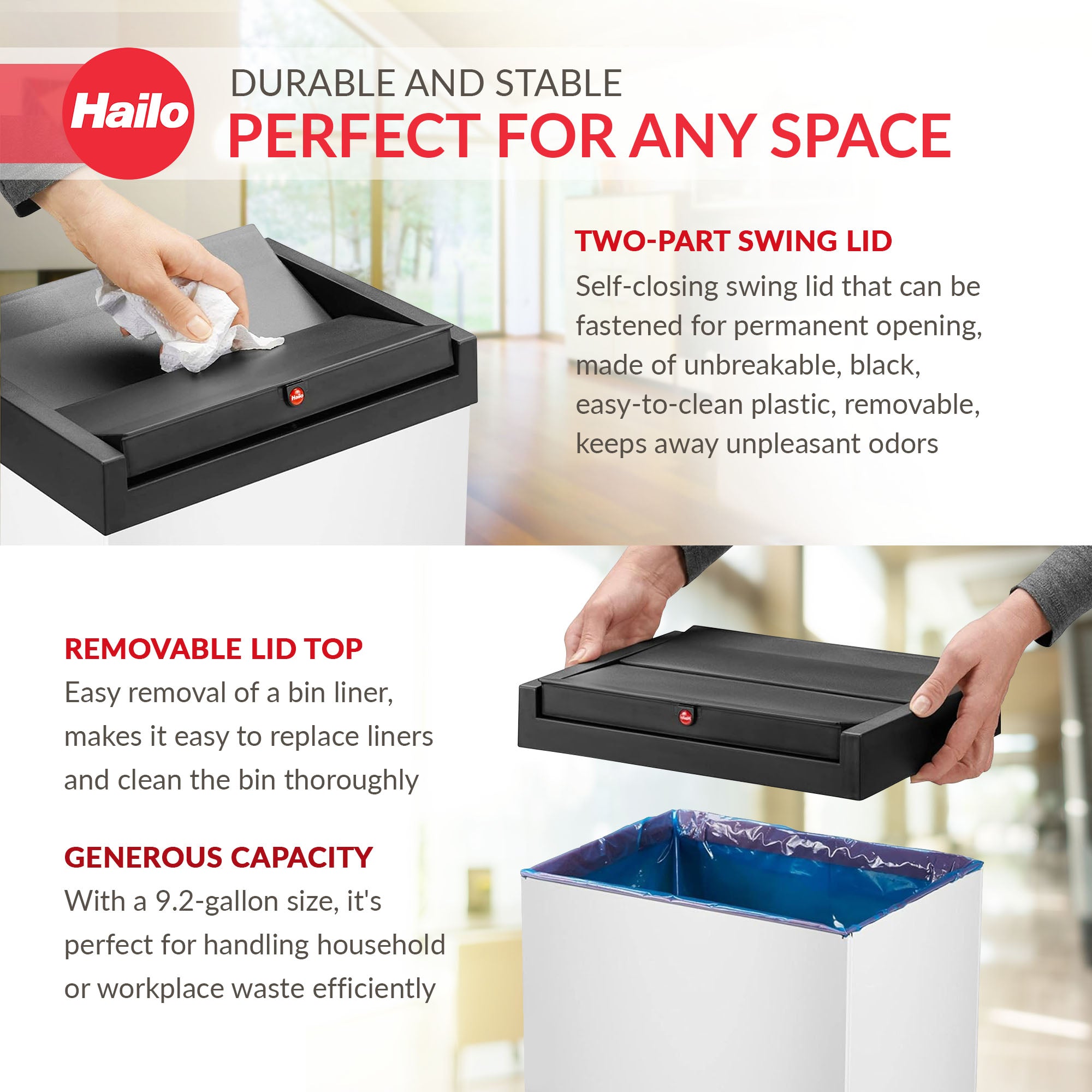 Hailo Swing Trash Bin, 9.2 Gal, Non-Slip Base, White w/Black Lid (Open Box) - VMInnovations