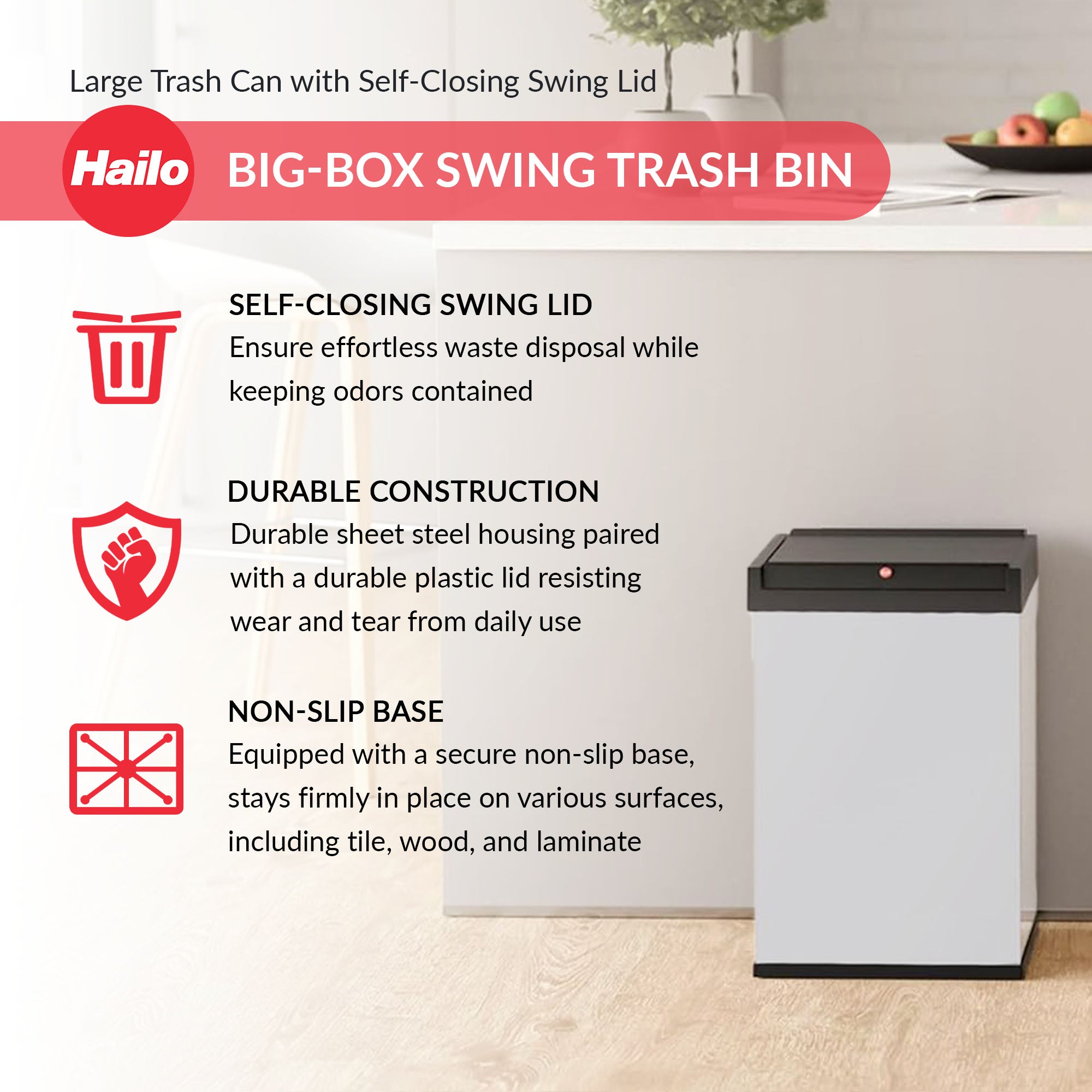 Hailo Swing Trash Bin, 9.2 Gal, Non-Slip Base, White w/Black Lid (Open Box) - VMInnovations