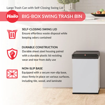 Hailo Swing Trash Bin, 9.2 Gal, Non-Slip Base, White w/Black Lid (Open Box) - VMInnovations