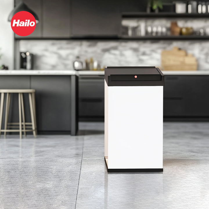 Hailo Swing Trash Bin, 9.2 Gal, Non-Slip Base, White w/Black Lid (Open Box)