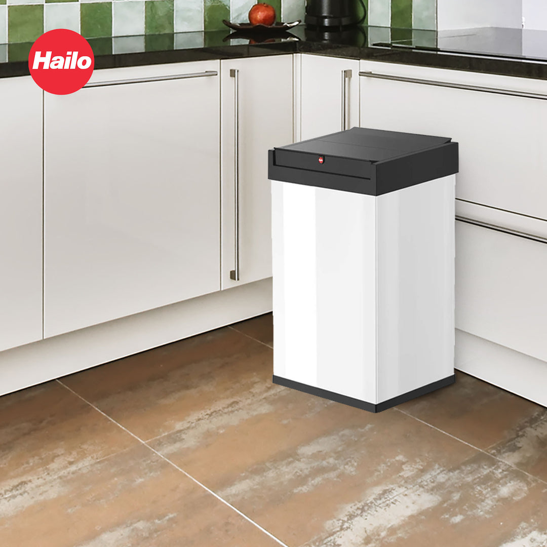 Hailo Big-Box Swing Trash Bin, 9.2 Gallon, Non-Slip Base, White with Black Lid