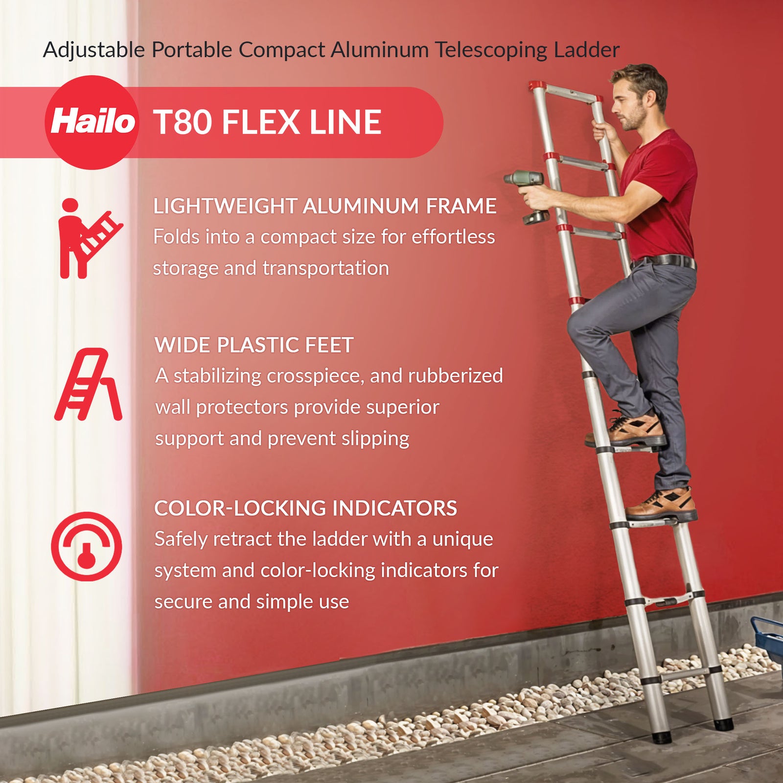 Hailo Height Adjustable Portable Compact Aluminum Telescoping Ladder, Red/Black - VMInnovations