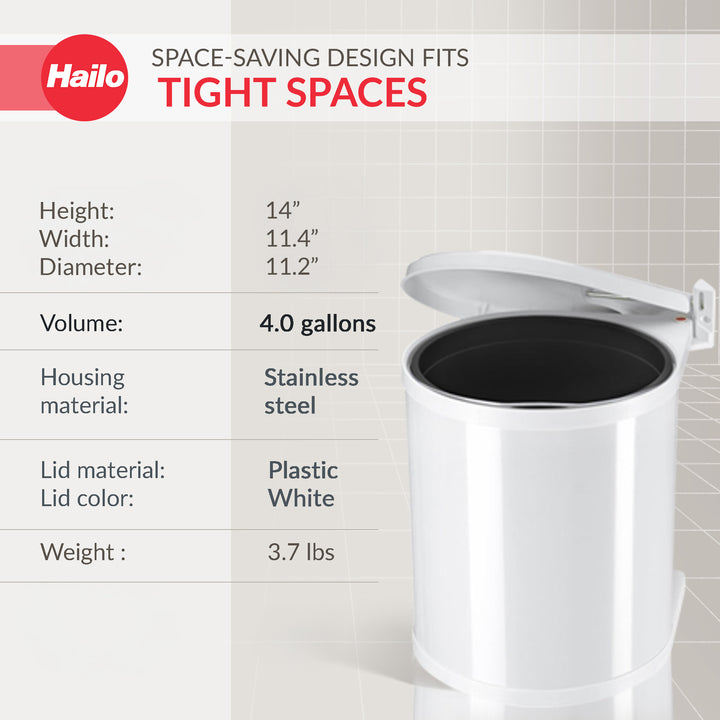 Hailo Compact Trash Can, 4 Gal, Lid-Lift, Small Kitchen Bin, White (Open Box)