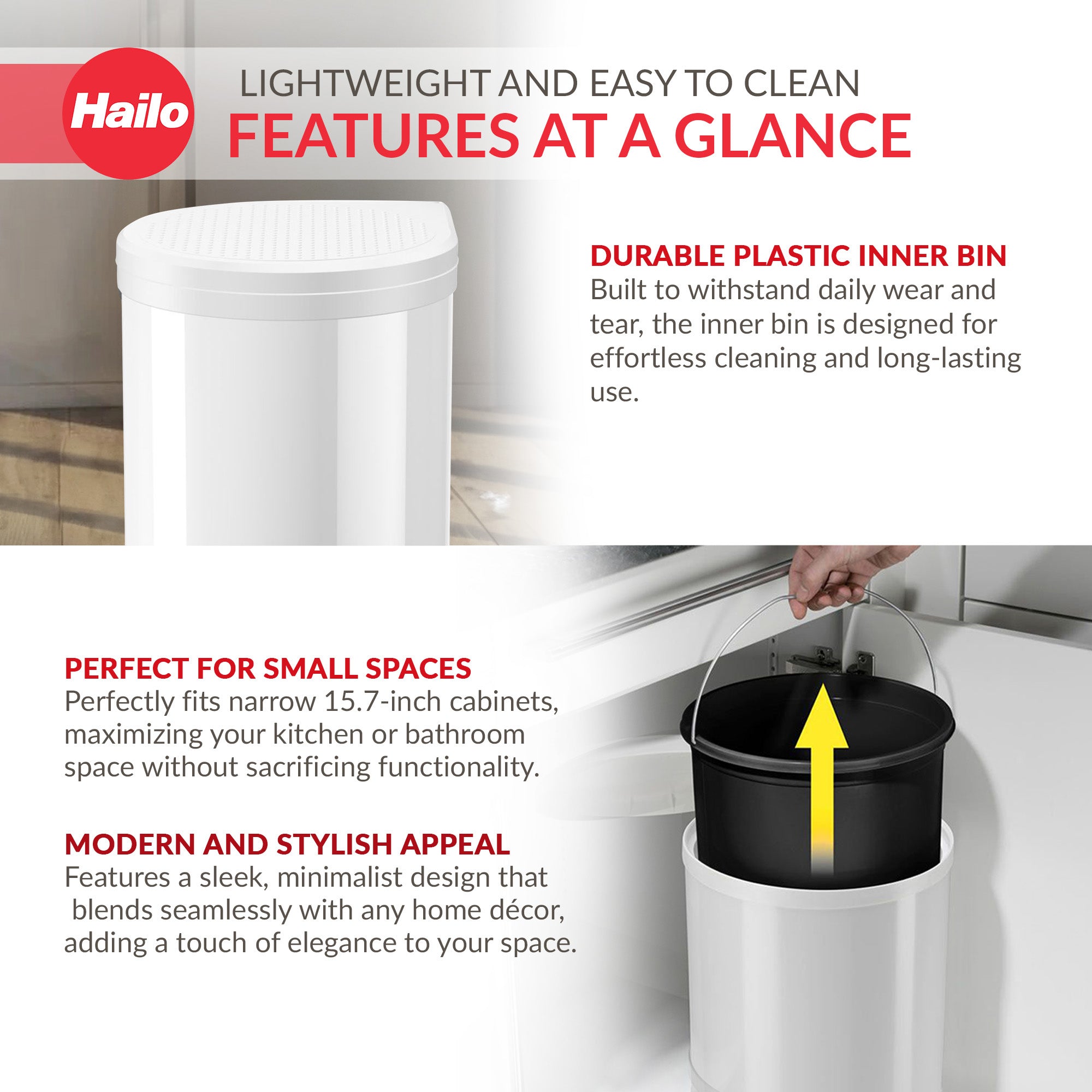 Hailo Compact Trash Can, 4 Gal, Lid-Lift, Small Kitchen Bin, White (Open Box) - VMInnovations