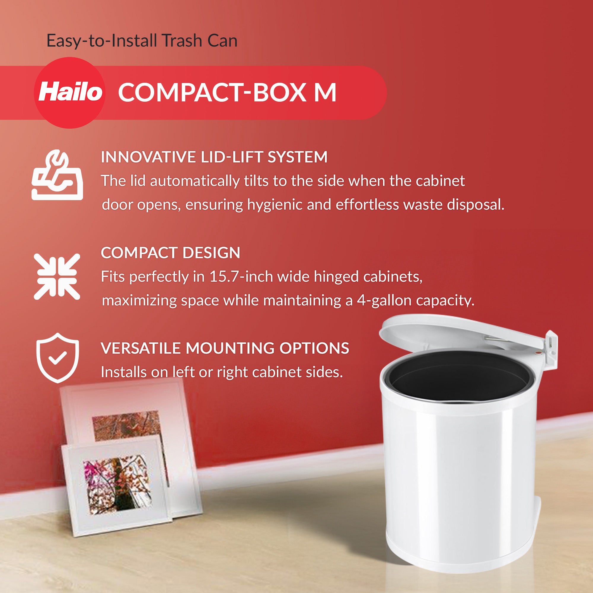 Hailo Compact Trash Can, 4 Gal, Lid-Lift, Small Kitchen Bin, White (Open Box) - VMInnovations