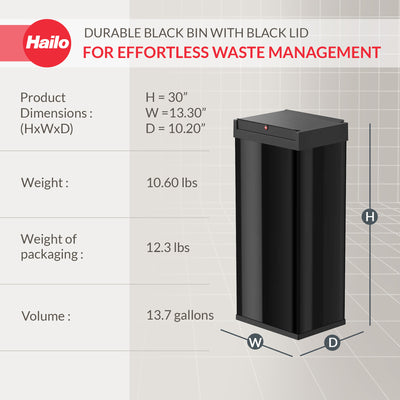 Hailo 52L 13.7 Gallon Steel Trash Can Self-Closing Lid Big-Box Swing XL, Black - VMInnovations