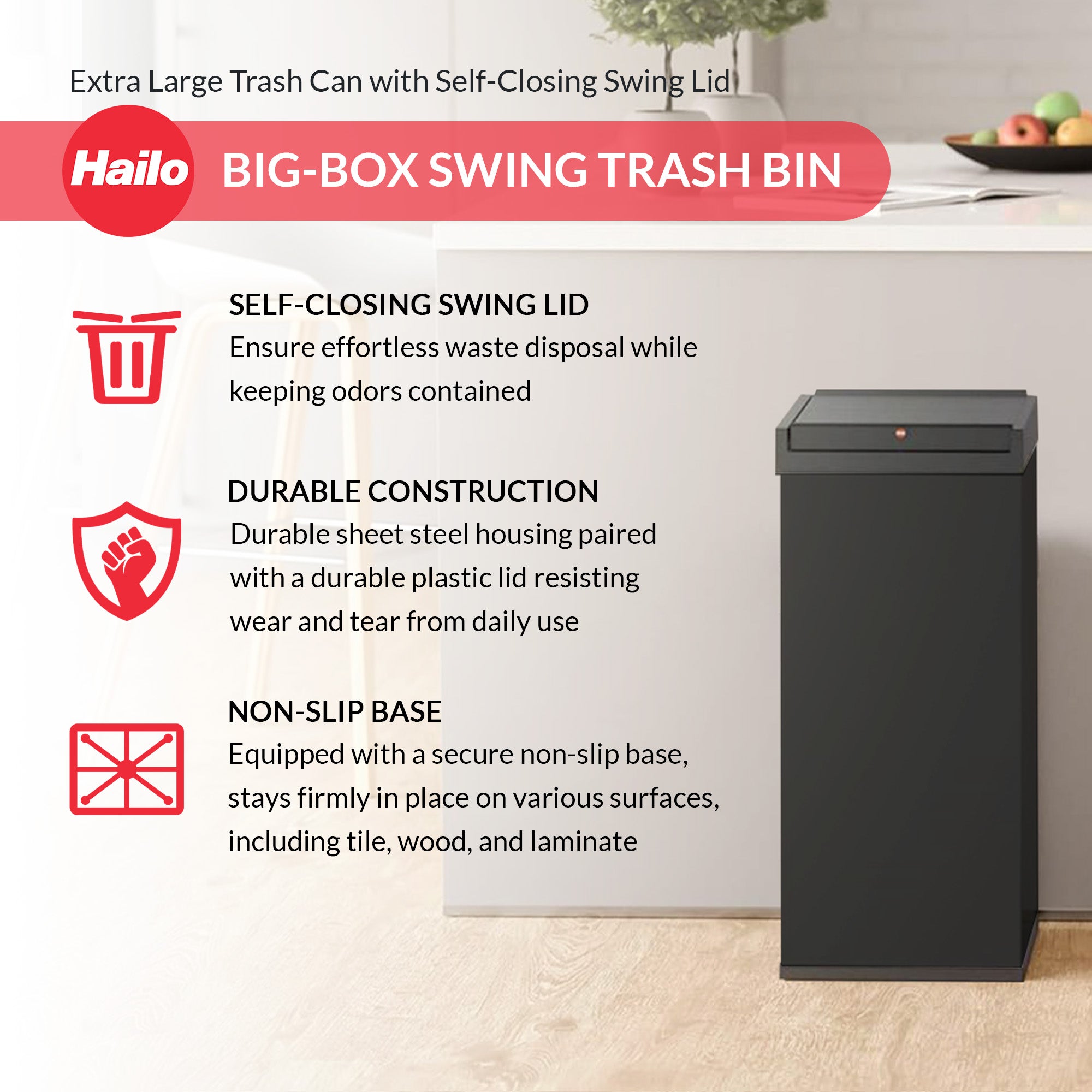 Hailo 52L 13.7 Gallon Steel Trash Can Self-Closing Lid Big-Box Swing XL, Black - VMInnovations
