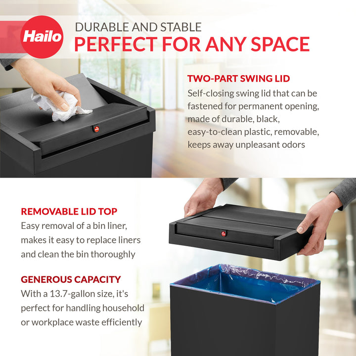 Hailo 52L 13.7 Gallon Steel Trash Can Self-Closing Lid Big-Box Swing XL, Black