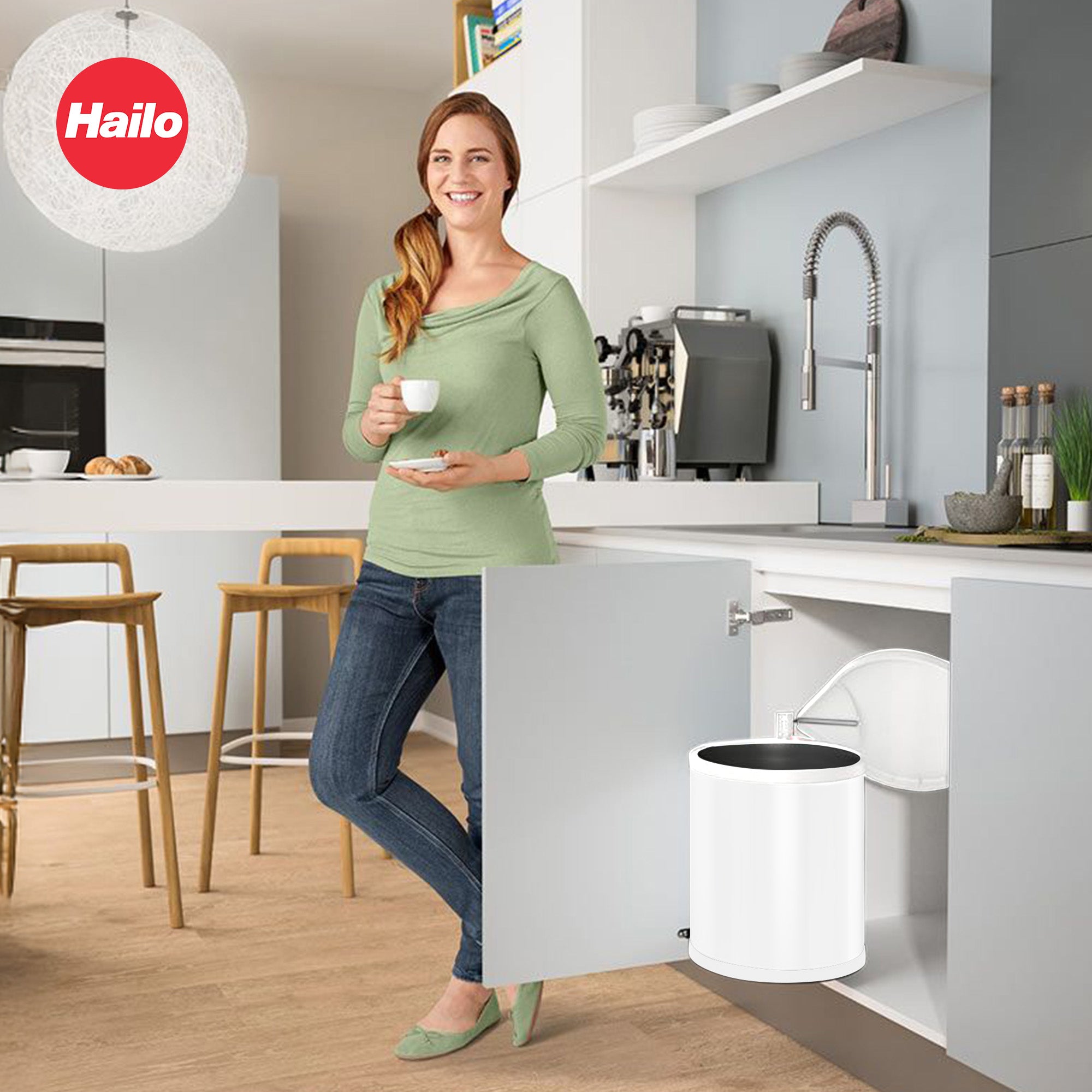 Hailo Compact-Box M Trash Can, 4 Gallon, Lid-Lift, Small Kitchen Bin, White - VMInnovations