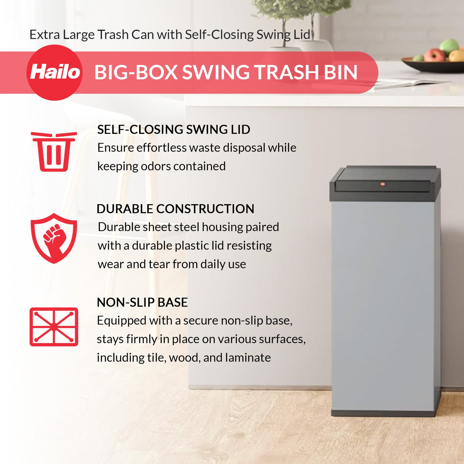 Hailo 52L 13.7 Gallon Steel Trash Can Self-Closing Lid Big-Box Swing XL, Silver - VMInnovations
