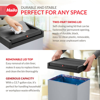 Hailo 52L 13.7 Gallon Steel Trash Can Self-Closing Lid Big-Box Swing XL, Silver - VMInnovations