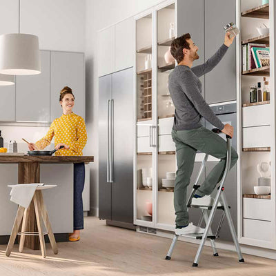 Hailo Step Stool, 3 Step Ladder w/Tray for Home & Kitchen, Silver (Open Box) - VMInnovations