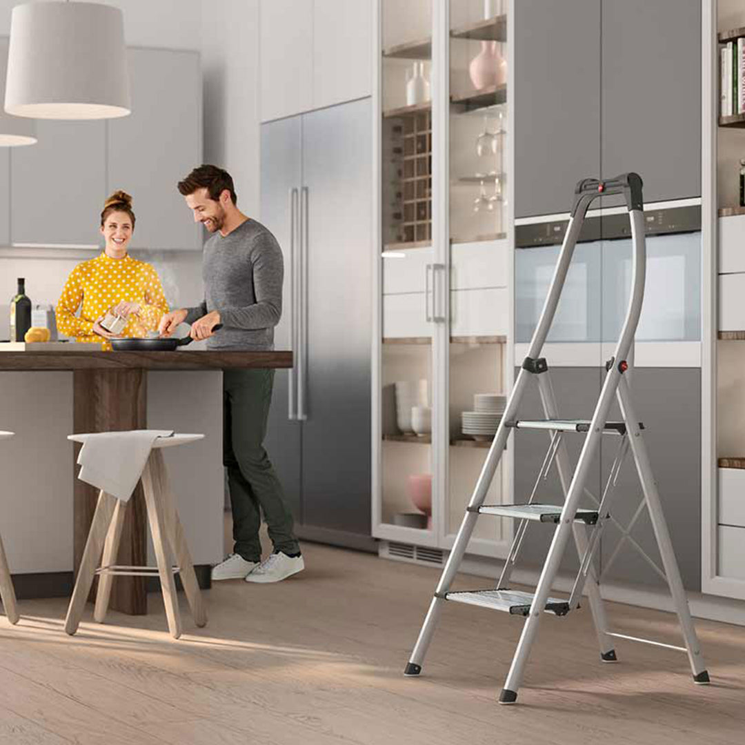 Hailo Folding Step Stool, 3 Step Ladder w/Tray for Home & Kitchen, K95, Silver
