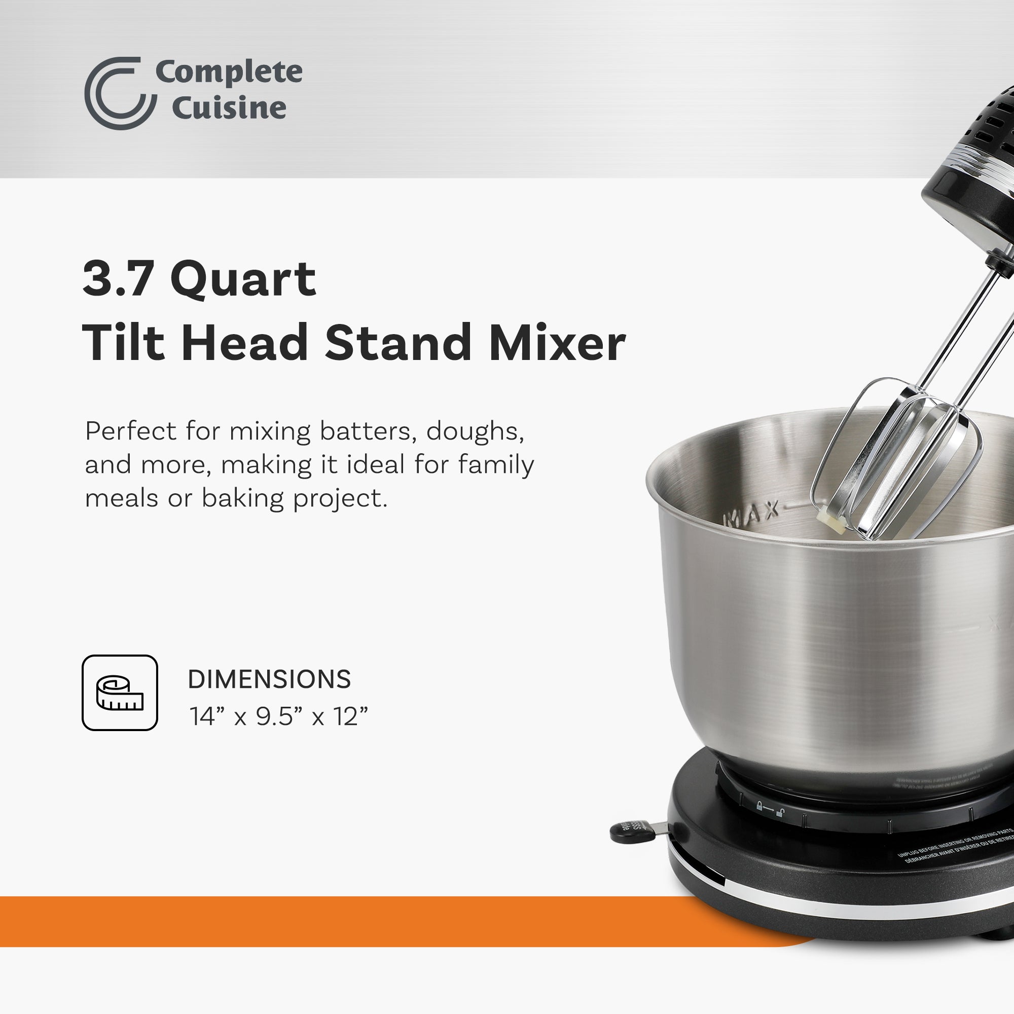 Complete Cuisine Tilt Head Stand Mixer w/ 3.7 Quart Stainless Steel Mixing Bowl - VMInnovations