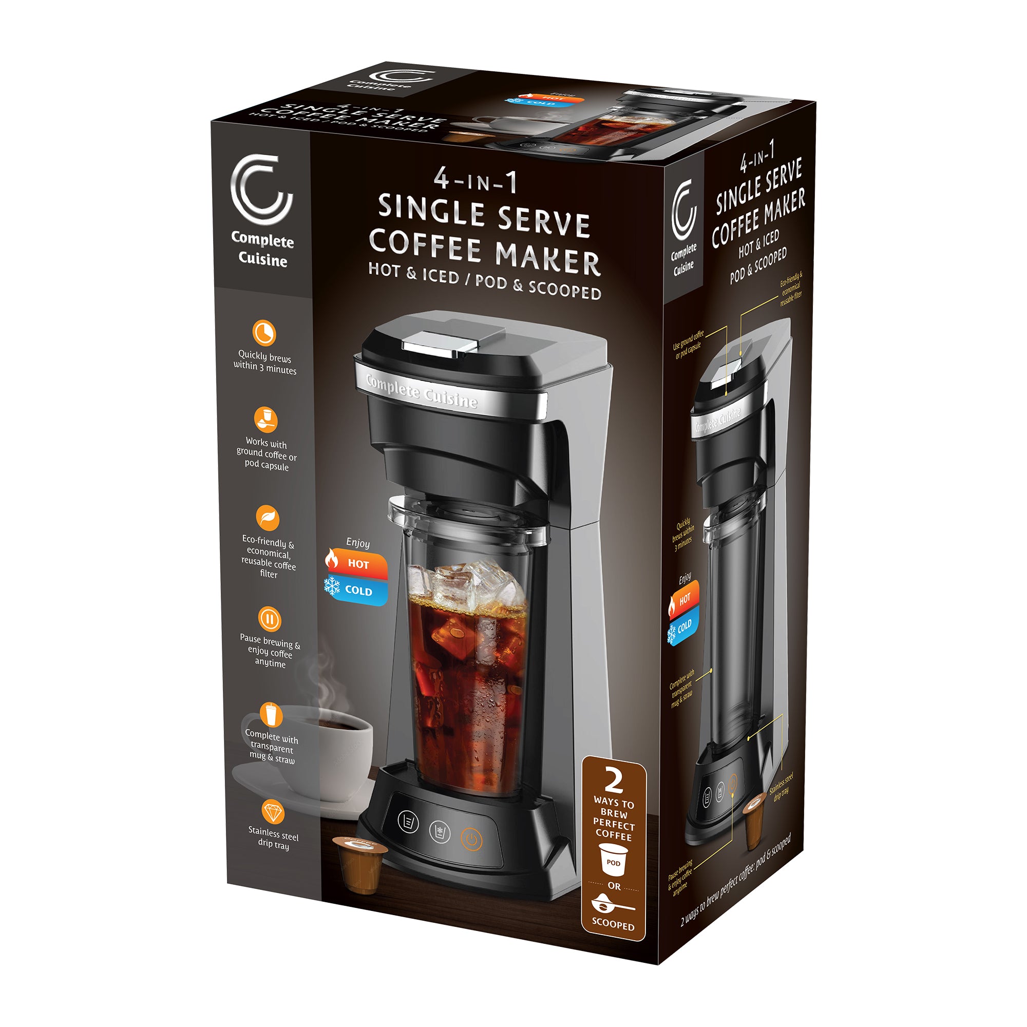 Complete Cuisine 4-in-1 Single Serve Coffee Maker, Hot and Iced Brewer, Black - VMInnovations