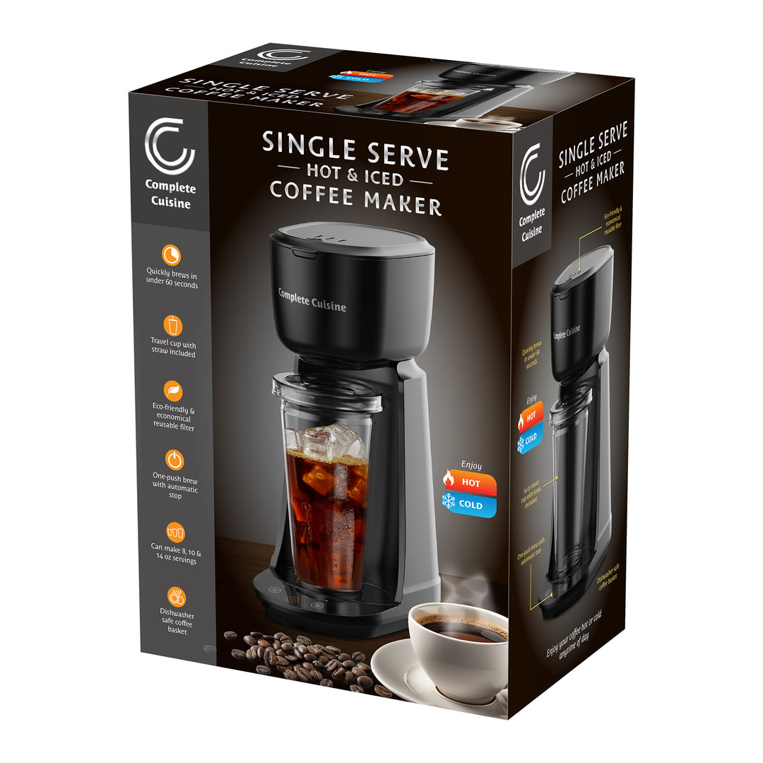 Complete Cuisine Single Serve Coffee Maker, Hot & Iced Brewer, Travel Cup, Black