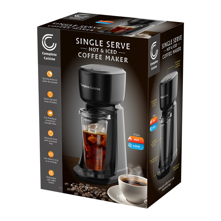 Complete Cuisine Single Serve Coffee Maker, Hot & Iced Brewer, Travel Cup, Black - VMInnovations